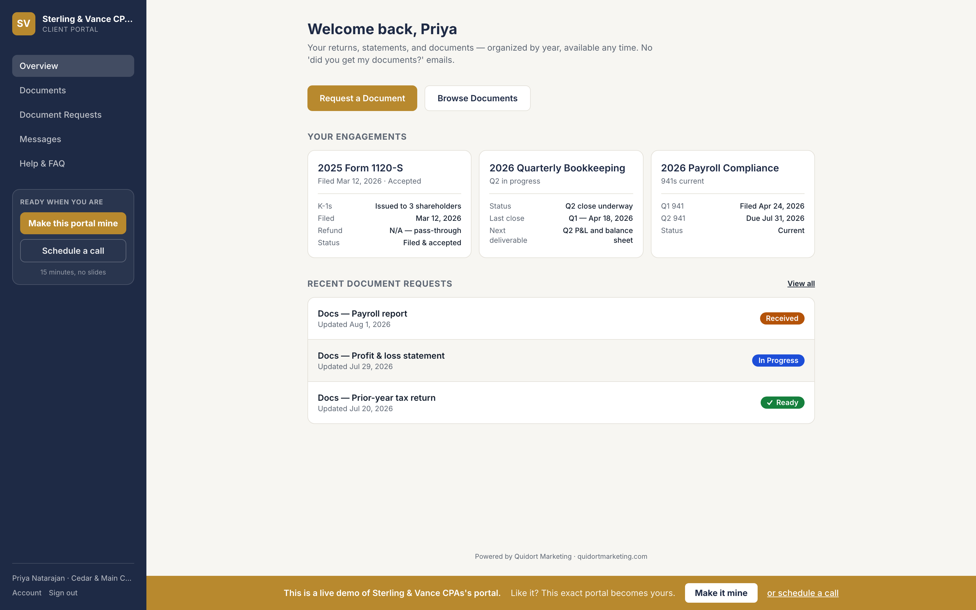 Client dashboard: engagements and statuses at a glance