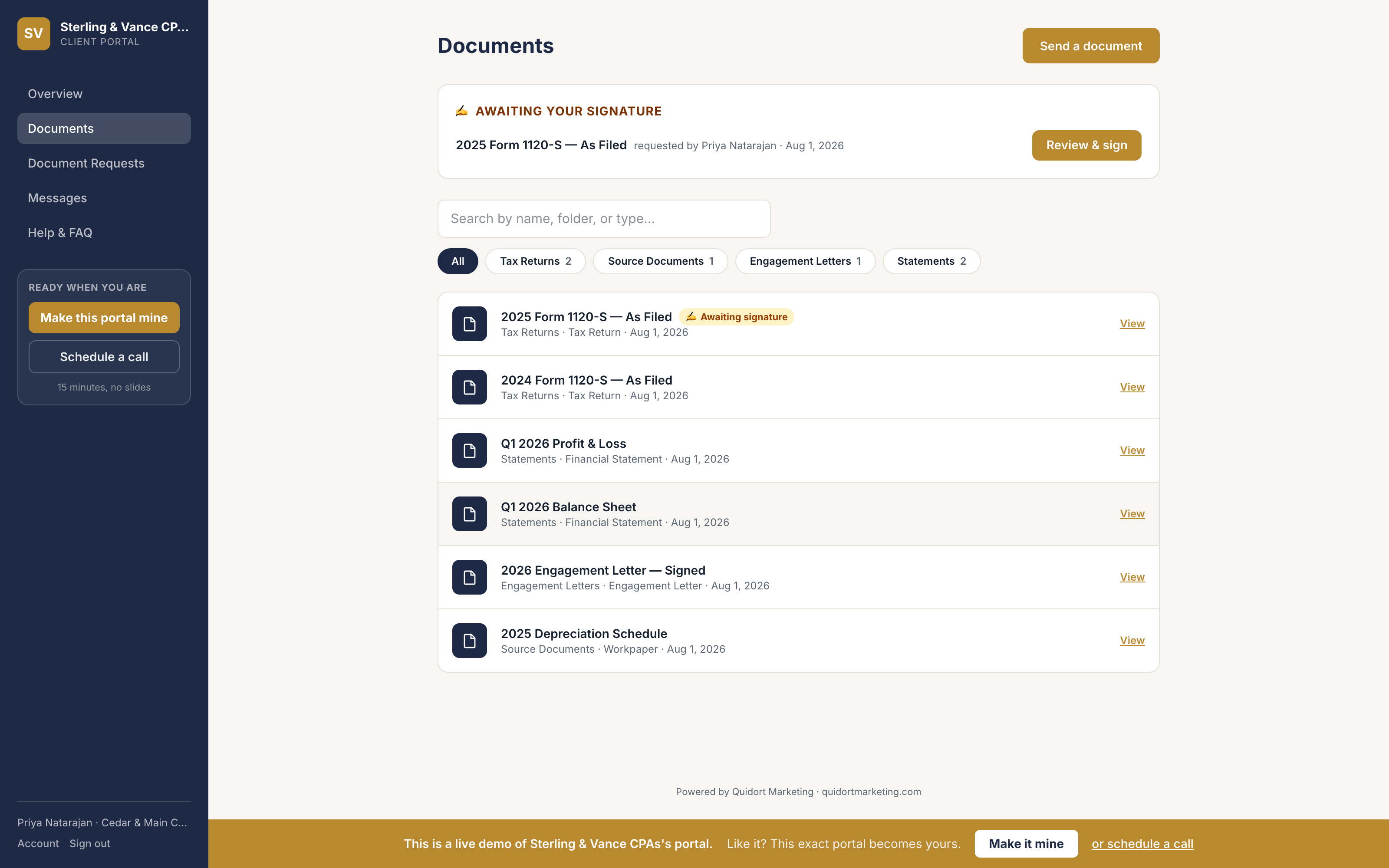 Client documents page with a pending e-signature request