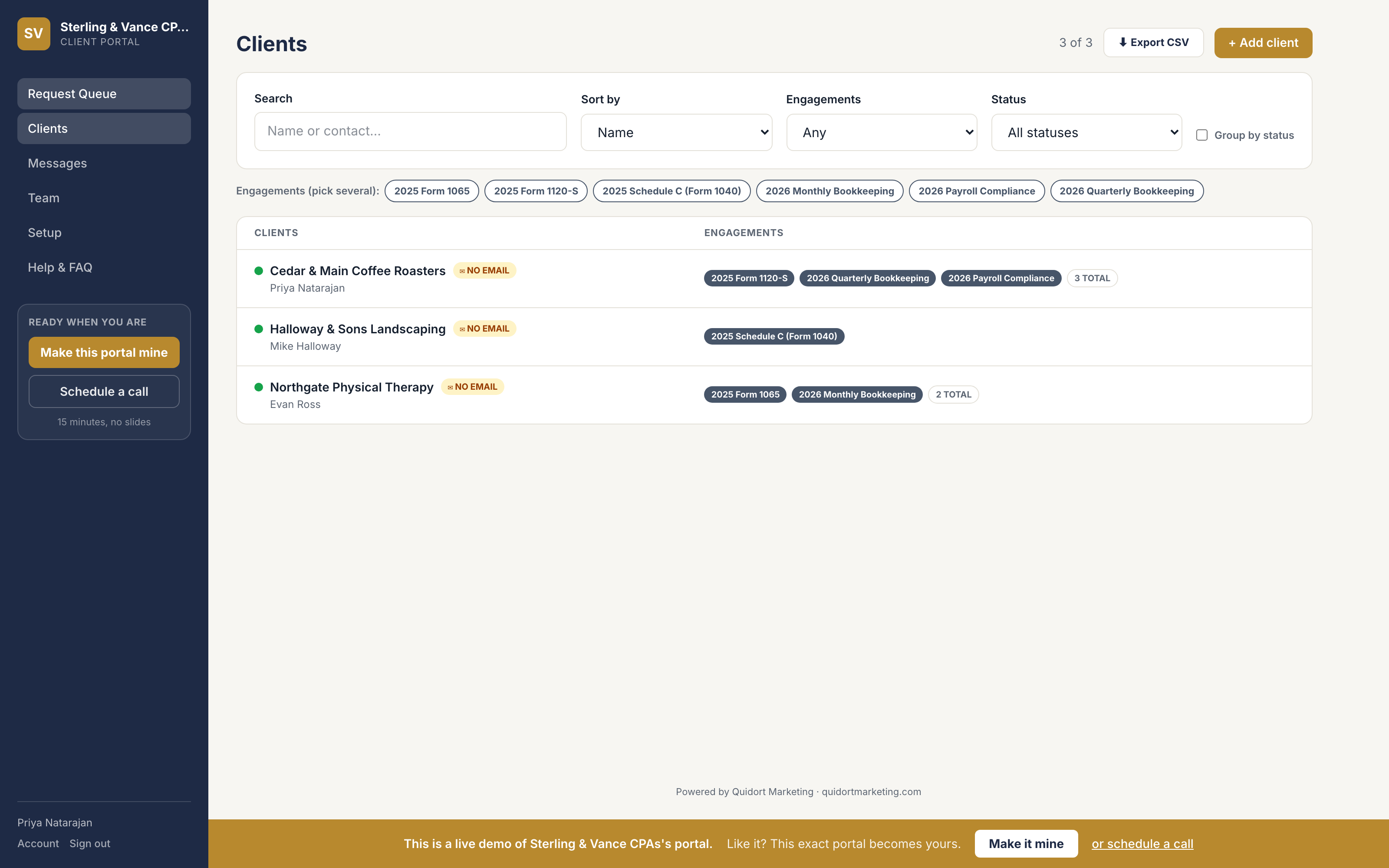 Staff view: the full client book, filterable and exportable